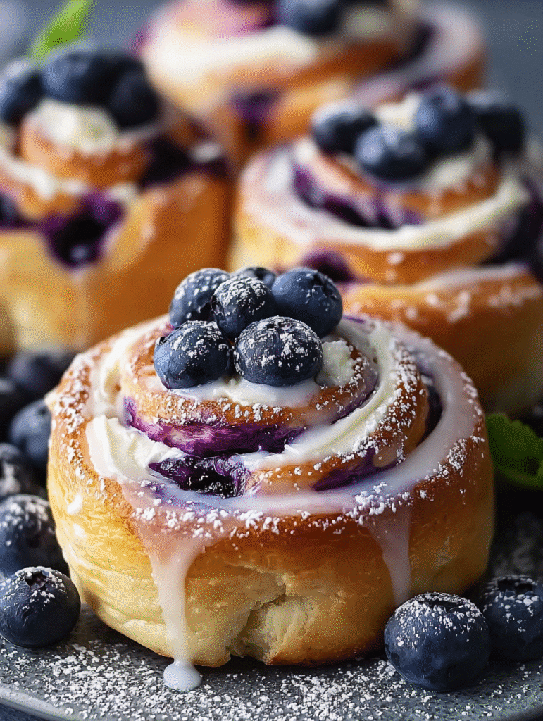 Home 15 Roulés sucrés aux myrtilles et fromage à la crème – Un délice moelleux et fruité à partager