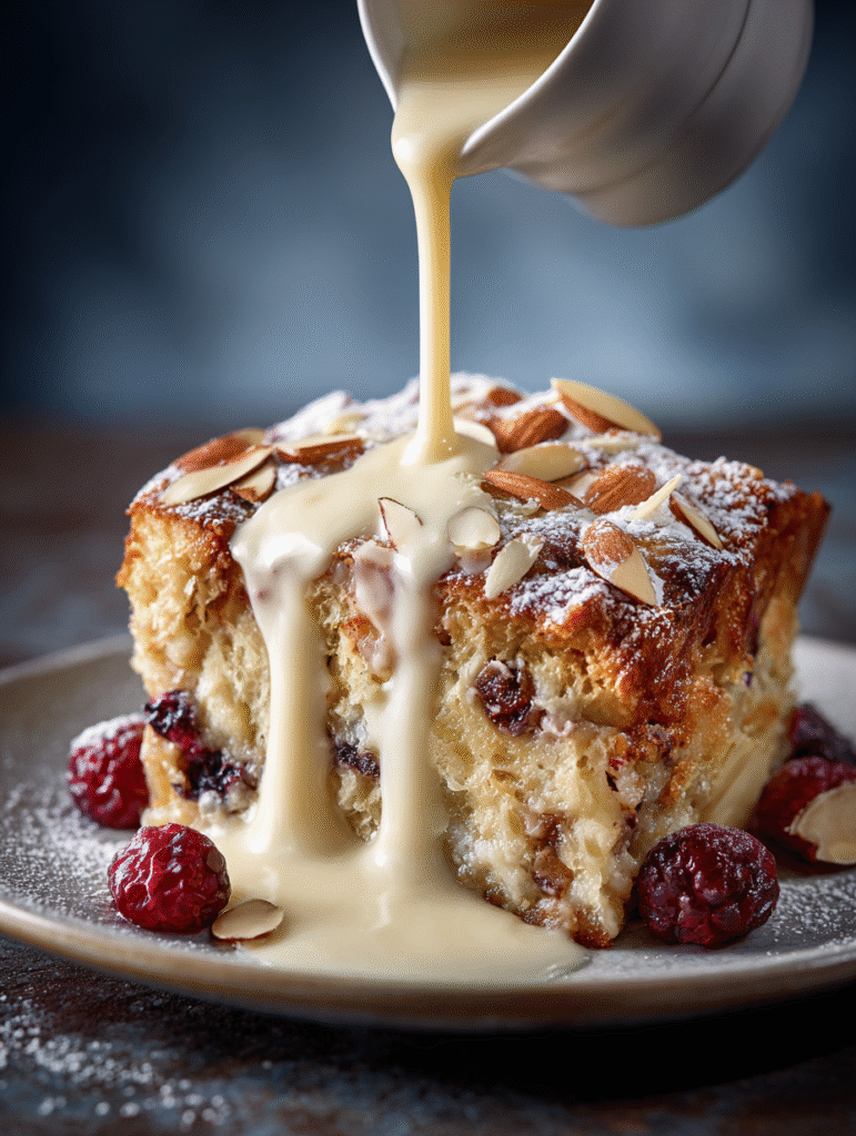Brioche Pudding aux Amandes et Fruits Rouges avec Sauce Crème Anglaise