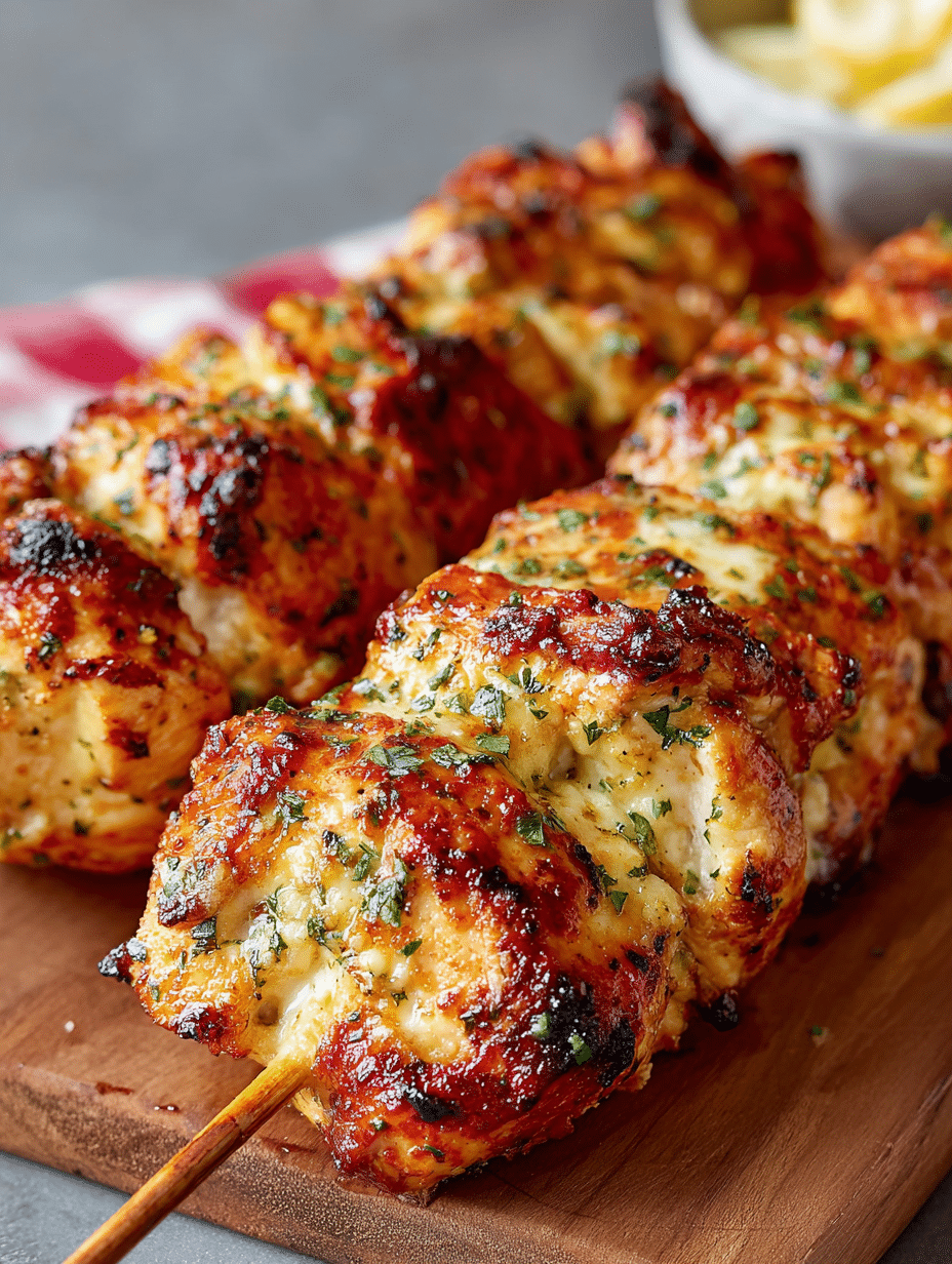 Brochettes de Poulet Grillé à l’Ail et au Parmesan : un délice rapide et savoureux à découvrir ! 4 Brochettes de Poulet Grillé à l’Ail et au Parmesan