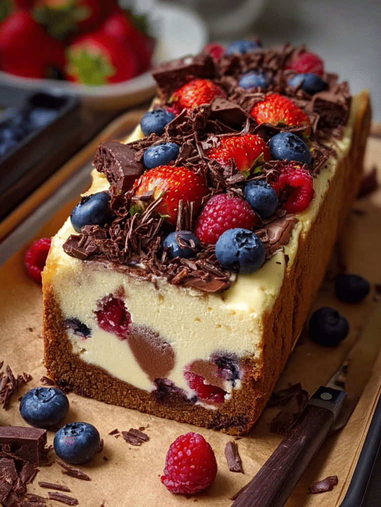 Cheesecake marbré aux fruits rouges et morceaux de chocolat