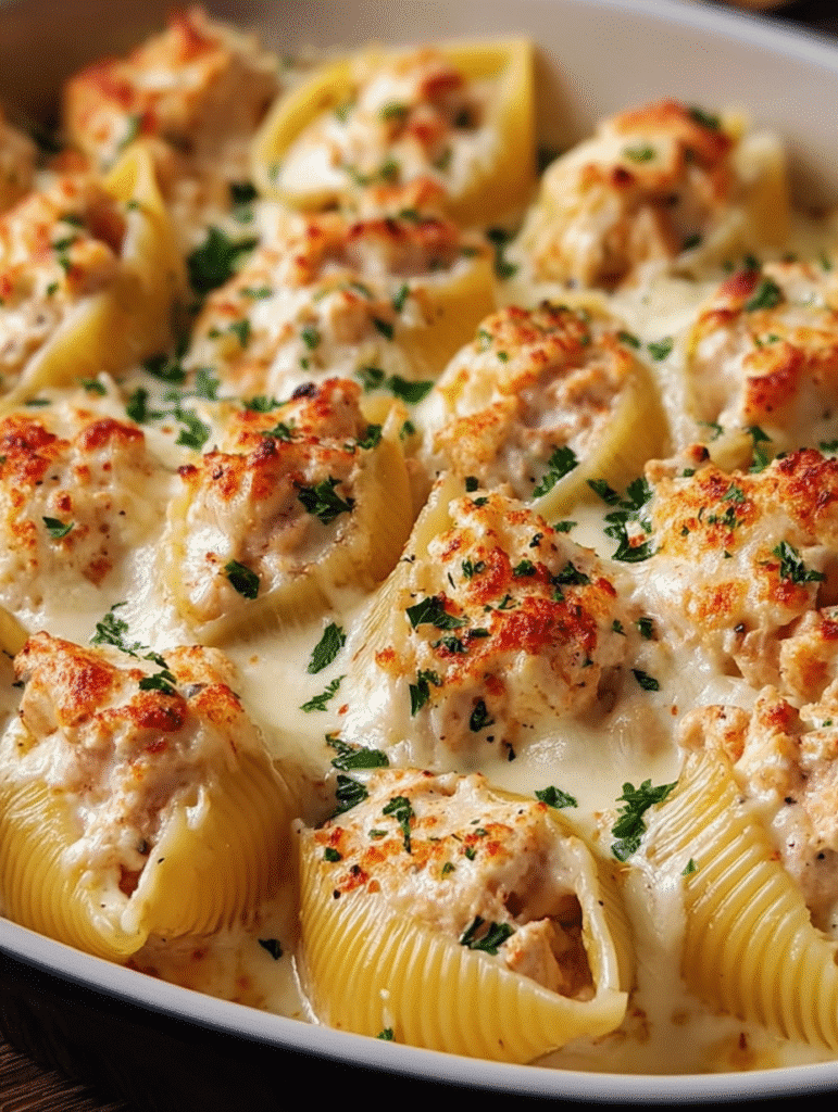 Coquilles Farcies au Poulet Alfredo & Beurre à l’Ail