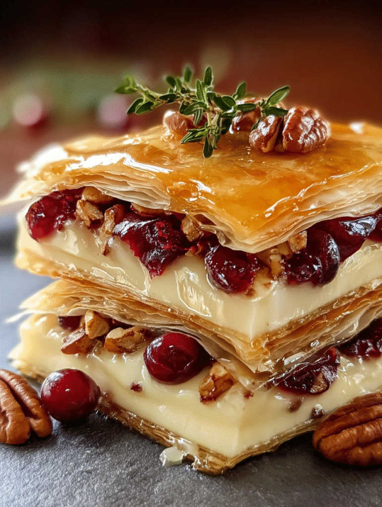 Napoléon de Pâte Phyllo à la Crème, Canneberges et Noix de Pécan