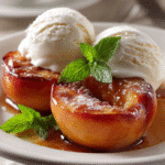Pêches Rôties à la Cannelle et au Sucre avec Glace à la Vanille