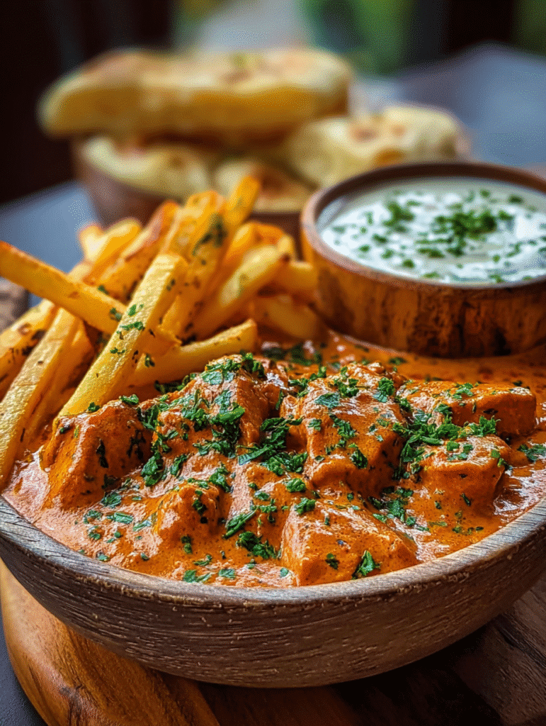 Poulet Beurre Crémeux avec Frites, Sauce à l’Ail & Naan