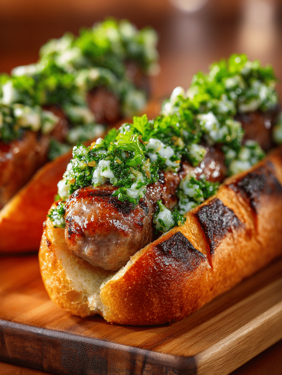 Saucisses Grillées avec Crème Chimichurri & Relish aux Olives