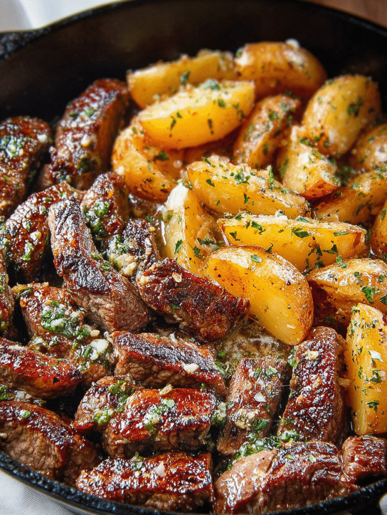 Bouchées de Steak au Beurre à l’Ail et Pommes de Terre aux Herbes