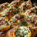 Coquilles Farcies aux Épinards et à la Ricotta : un délice! 3 Coquilles Farcies aux Épinards et à la Ricotta dans une Sauce Marinara