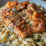 Fettuccine Crémeux au Saumon et aux Crevettes à l’Ail