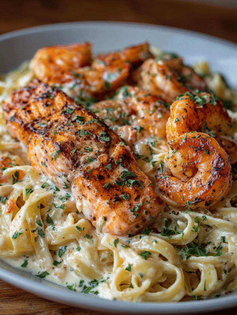 Fettuccine Crémeux au Saumon et aux Crevettes à l’Ail