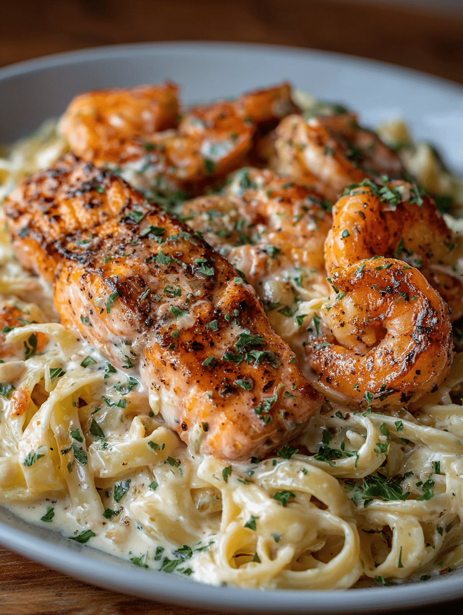 Fettuccine Crémeux au Saumon et aux Crevettes à l’Ail