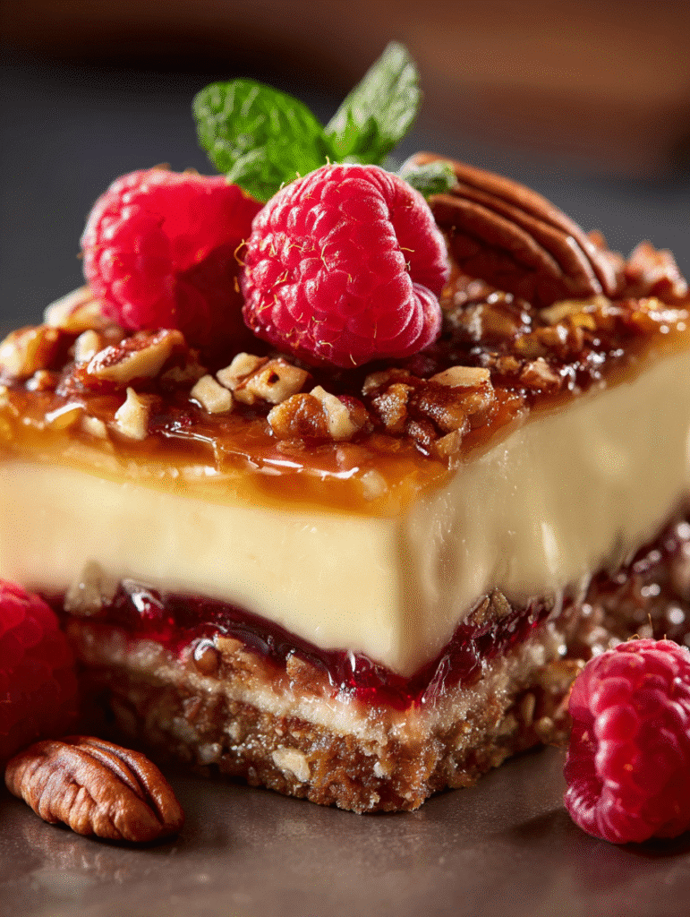 Gâteau Crème Brûlée aux Framboises et Noix de Pécan