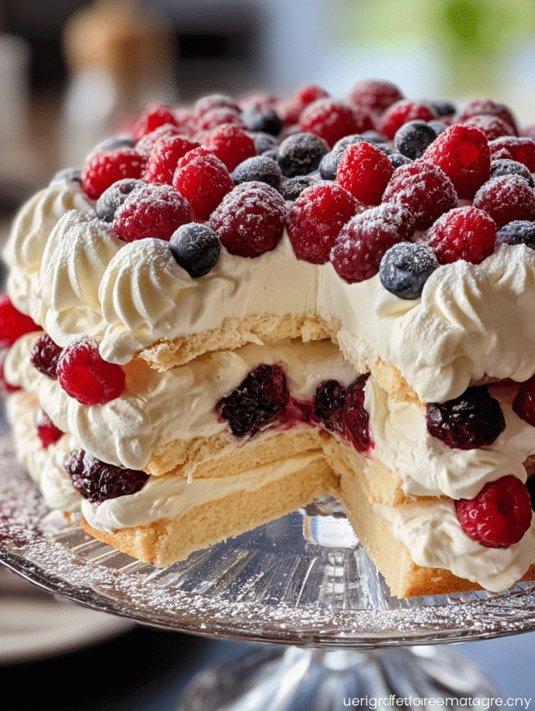 Gâteau Meringué aux Fruits Rouges et Crème Fouettée
