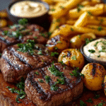 Médaillons de Bœuf Façon Steakhouse avec Aïoli à l’Ail et Frites Croustillantes