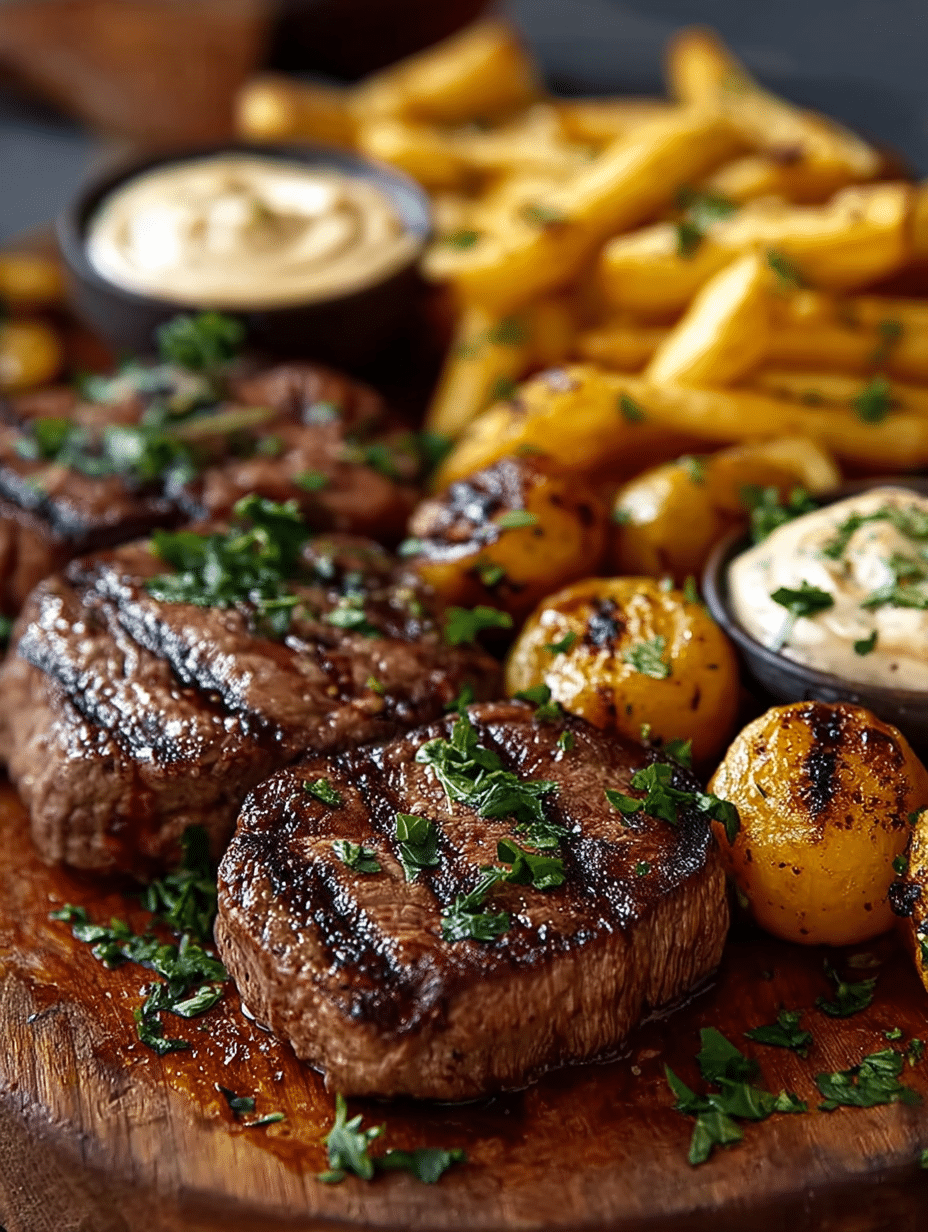 Médaillons de Bœuf Façon Steakhouse avec Aïoli à l’Ail et Frites Croustillantes