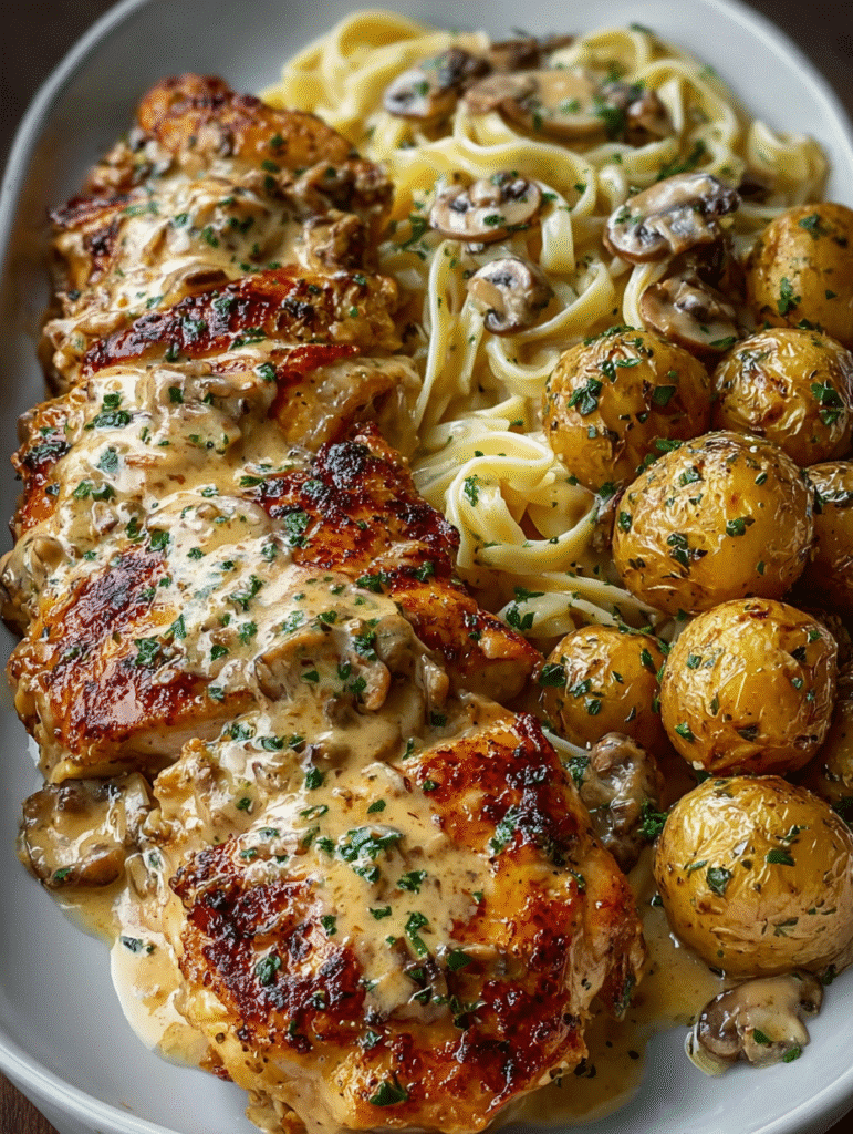 Poulet Crémeux à l’Ail avec Pommes de Terre aux Herbes et Pâtes aux Champignons