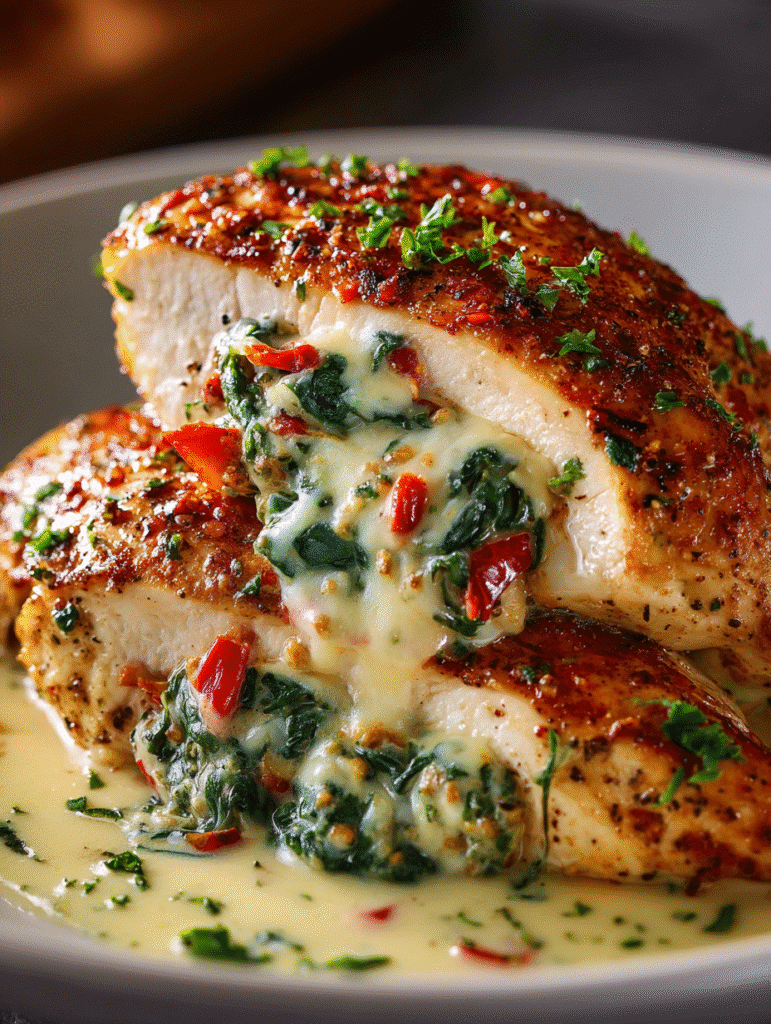 Poulet Farci aux Poivrons Rôtis, Épinards et Mozzarella