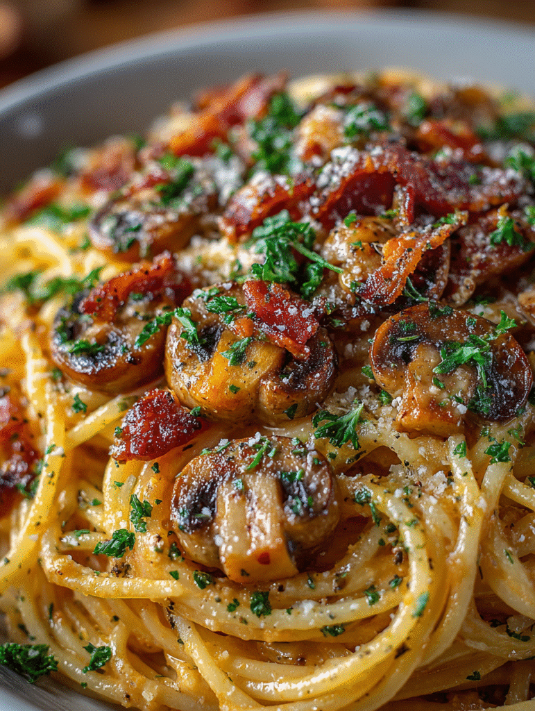 Spaghetti à la Citrouille et aux Champignons avec Bacon Croquant