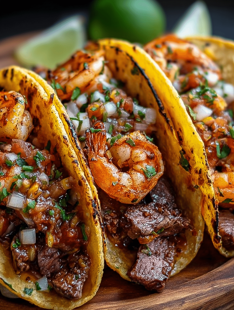 Tacos aux Crevettes et au Steak Grillé
