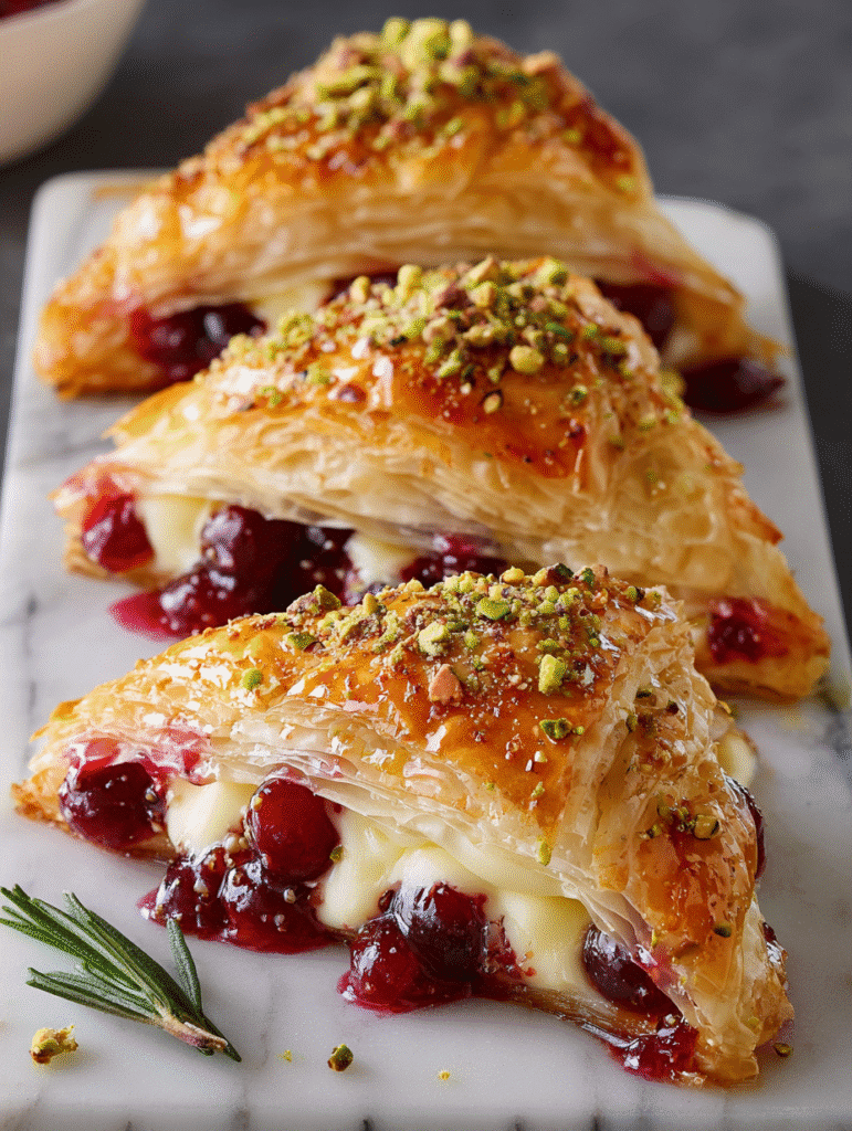 Triangles de Phyllo aux Canneberges, Crème Vanille & Pistaches